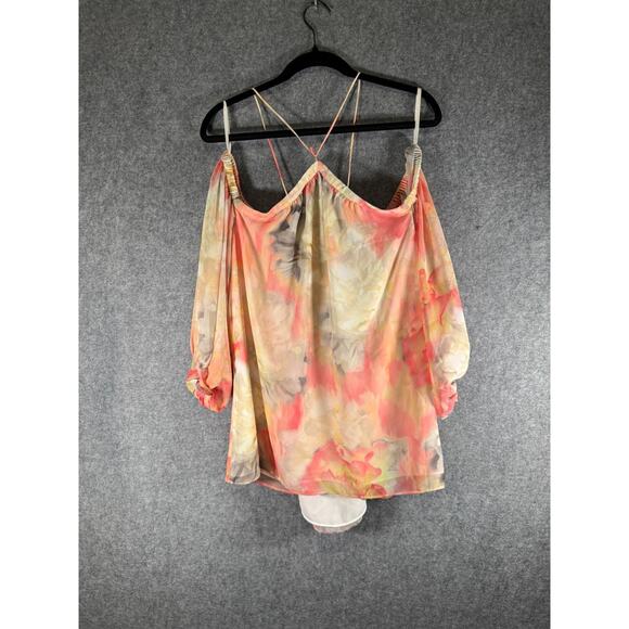 White House‎ Black Market Blouse Women Large Cold Shoulder Water Color Artsy - Picture 2 of 7
